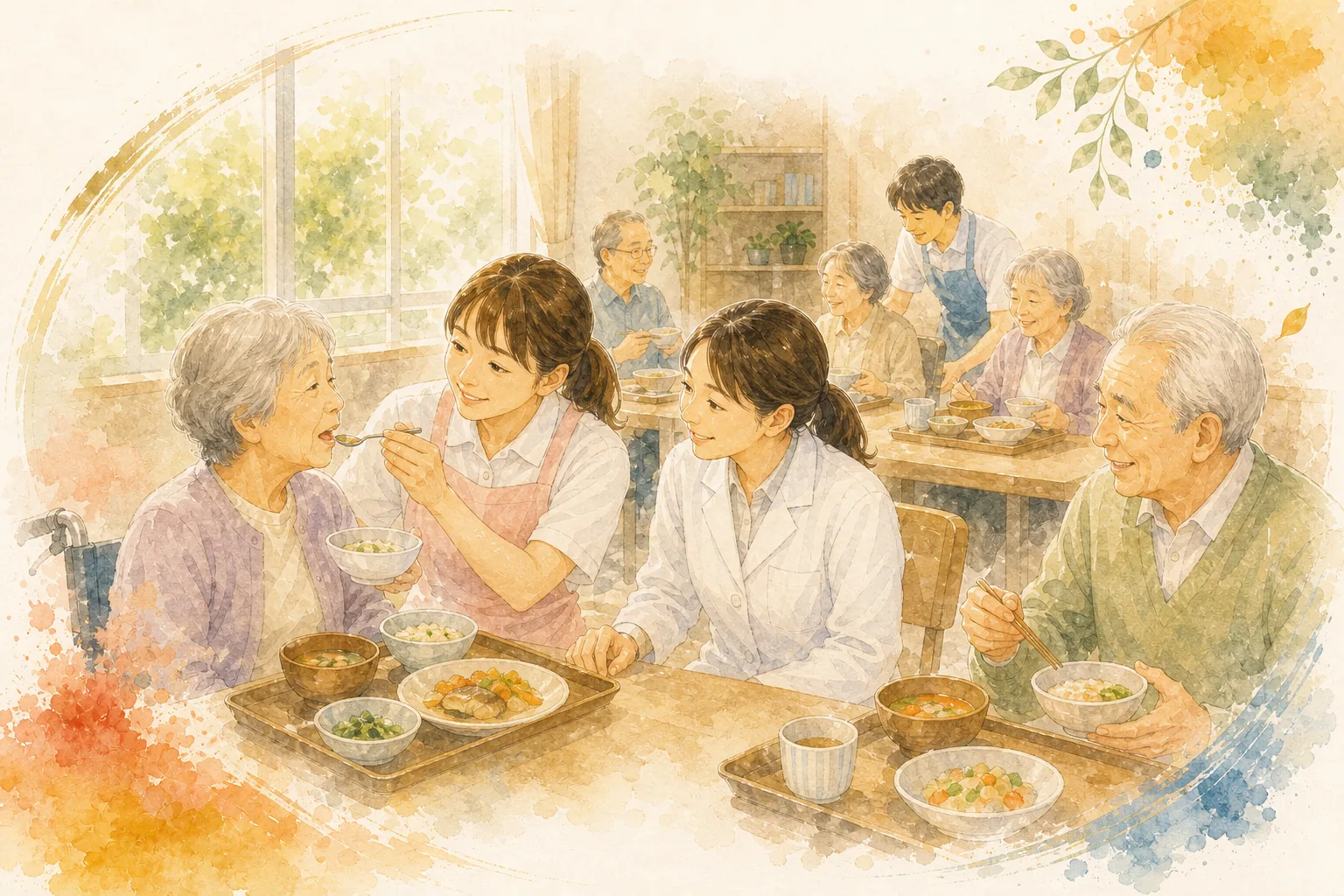施設の食堂で食事に寄り添うスタッフと入居者の水彩イラスト