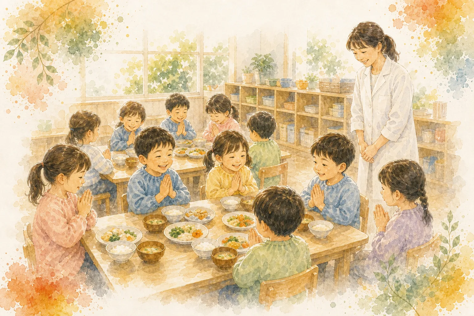 給食を前に「いただきます」をする園児たちの水彩イラスト